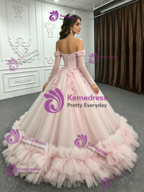 Pink Tulle Long Sleeve Appliques Quinceanera Dress