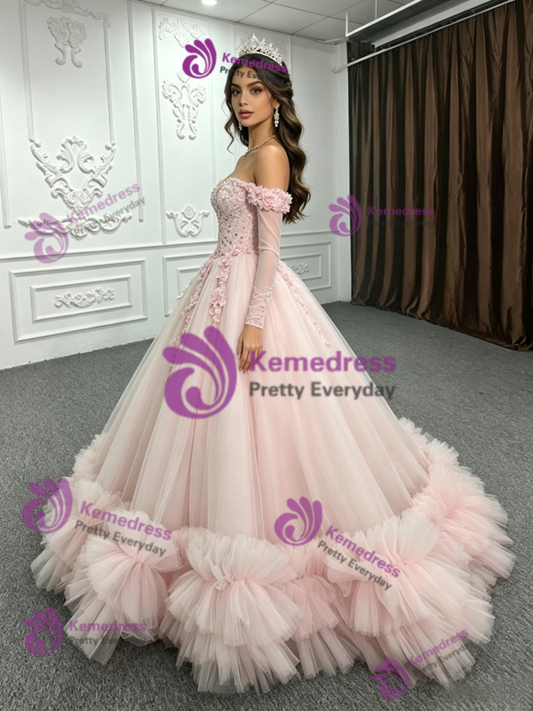 Pink Tulle Long Sleeve Appliques Quinceanera Dress