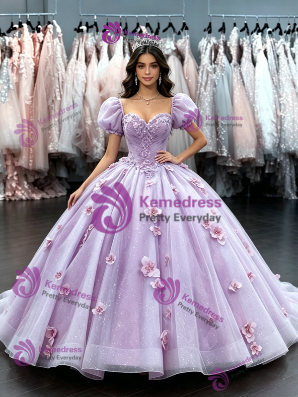 Purple Tulle Puff Sleeve Flower Quinceanera Dress
