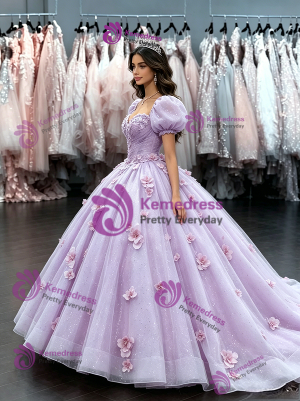 Purple Tulle Puff Sleeve Flower Quinceanera Dress