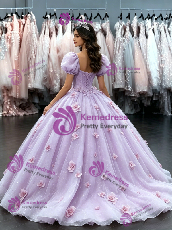 Purple Tulle Puff Sleeve Flower Quinceanera Dress
