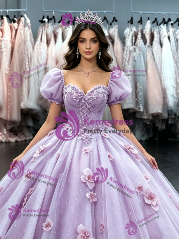 Purple Tulle Puff Sleeve Flower Quinceanera Dress