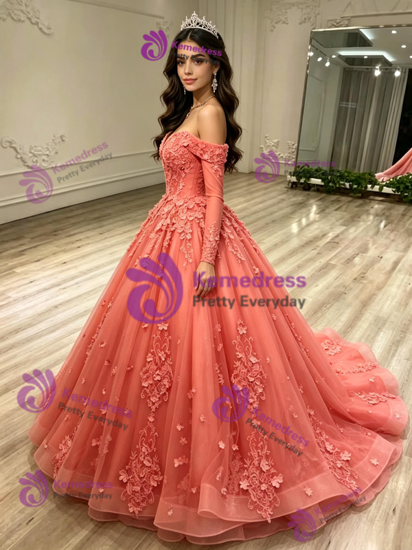 Tulle Long Sleeve Appliques Quinceanera Dress