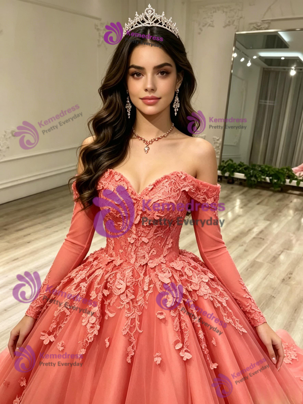 Tulle Long Sleeve Appliques Quinceanera Dress