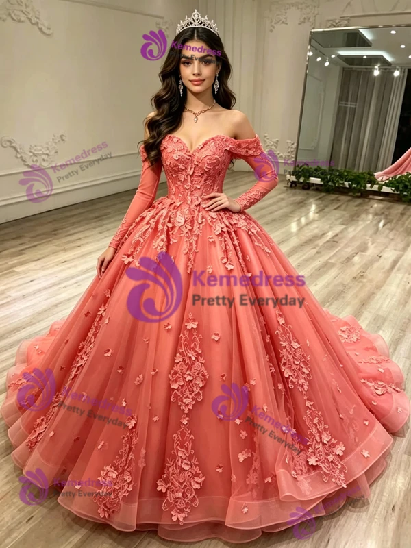 Tulle Long Sleeve Appliques Quinceanera Dress