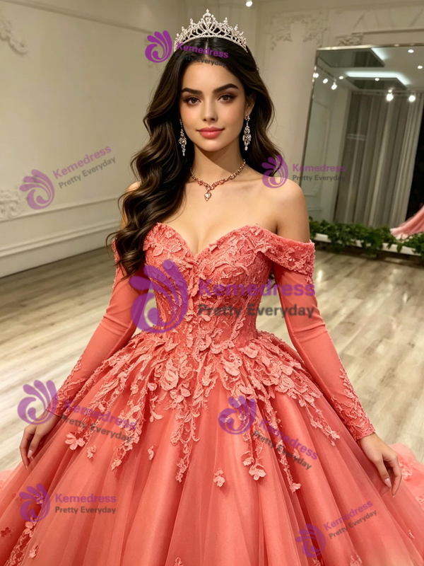 Tulle Long Sleeve Appliques Quinceanera Dress