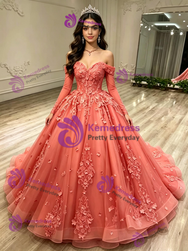 Tulle Long Sleeve Appliques Quinceanera Dress