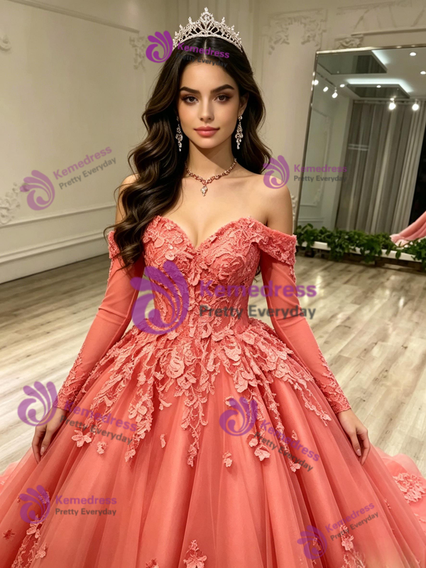Tulle Long Sleeve Appliques Quinceanera Dress
