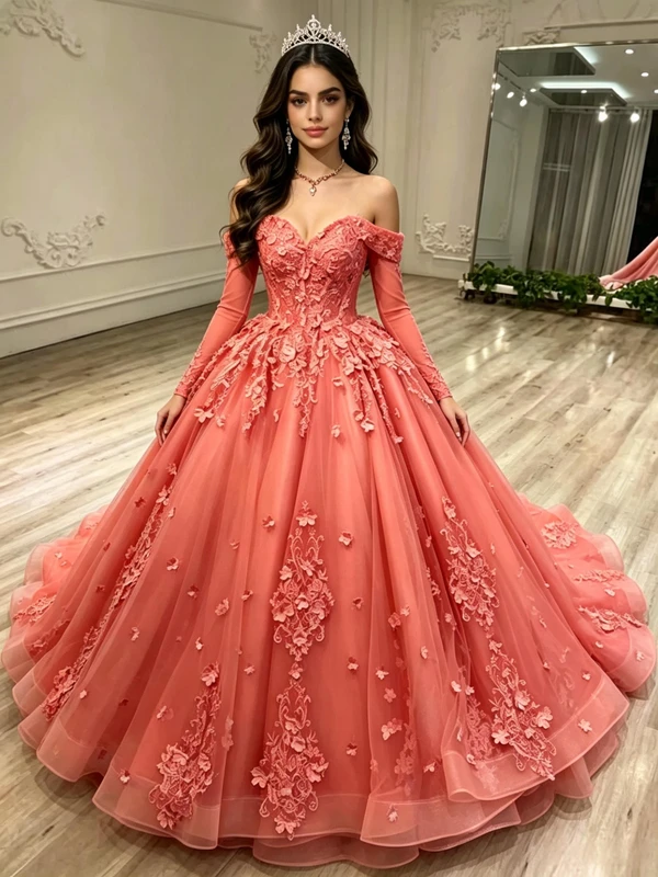 Tulle Long Sleeve Appliques Quinceanera Dress