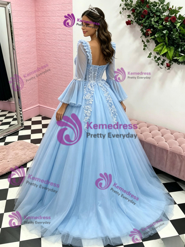 Blue Tulle Long Sleeve Appliques Quinceanera Dress