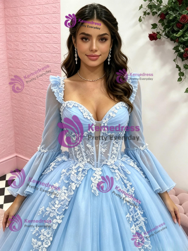 Blue Tulle Long Sleeve Appliques Quinceanera Dress