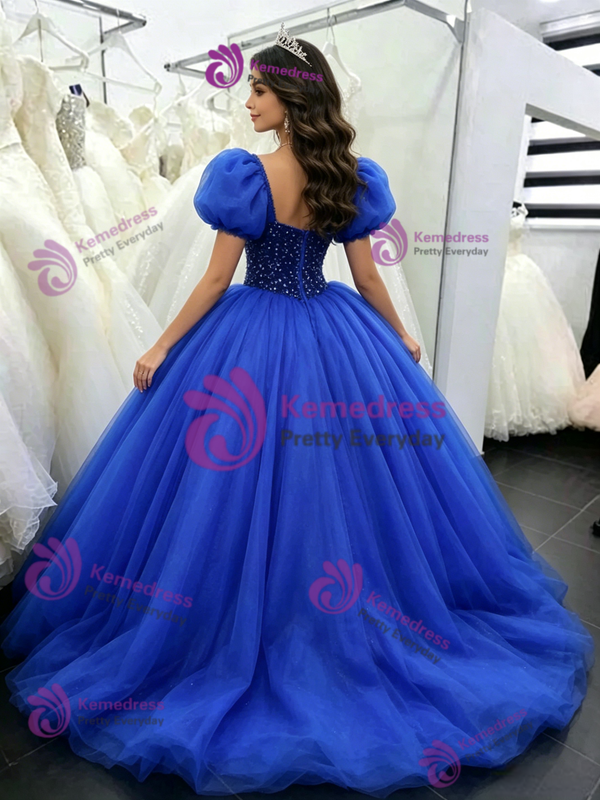 Royal Blue Tulle Puff Sleeve Quinceanera Dress