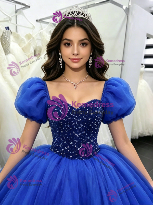 Royal Blue Tulle Puff Sleeve Quinceanera Dress