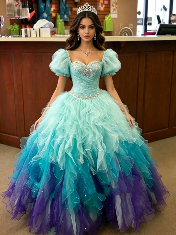 Blue Tulle Strapless Beading Quinceanera Dress