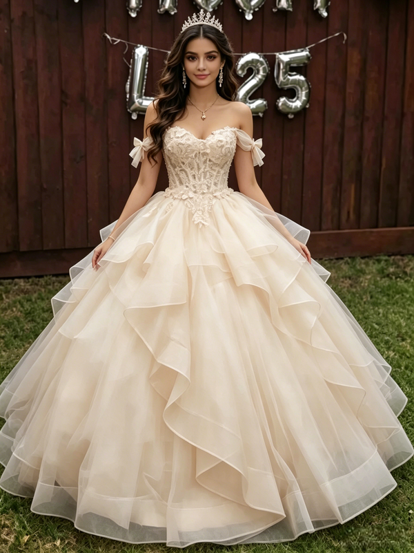 Champagne Tulle Appliques Off the Shoulder Quinceanera Dress