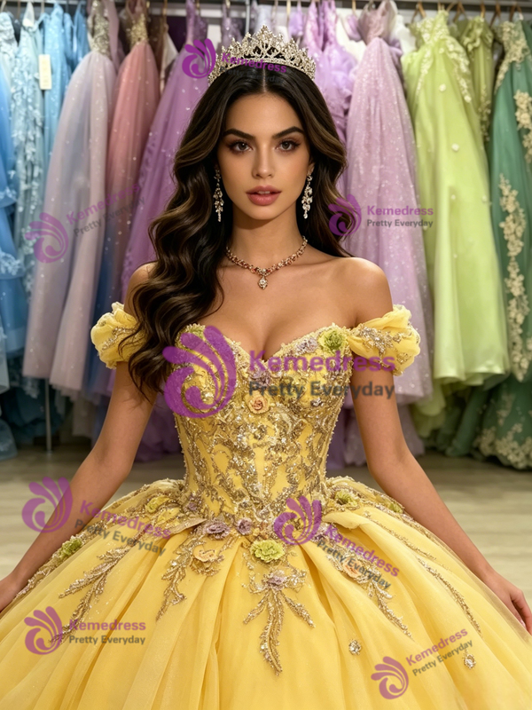 Yellow Tulle Appliques Off the Shoulder Quinceanera Dress