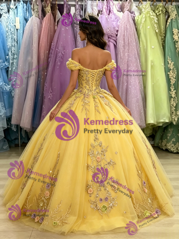 Yellow Tulle Appliques Off the Shoulder Quinceanera Dress