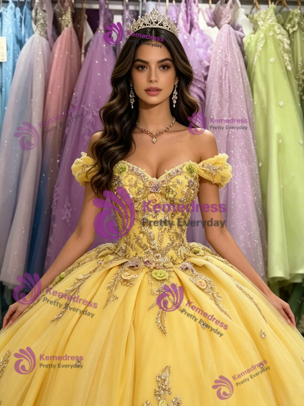 Yellow Tulle Appliques Off the Shoulder Quinceanera Dress