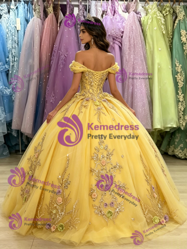 Yellow Tulle Appliques Off the Shoulder Quinceanera Dress
