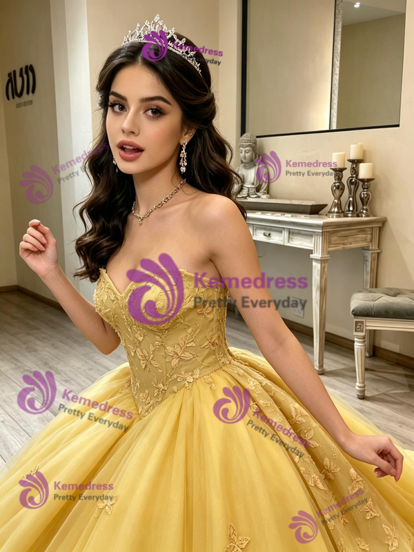 Yellow Tulle Strapless Butterfly Quinceanera Dress