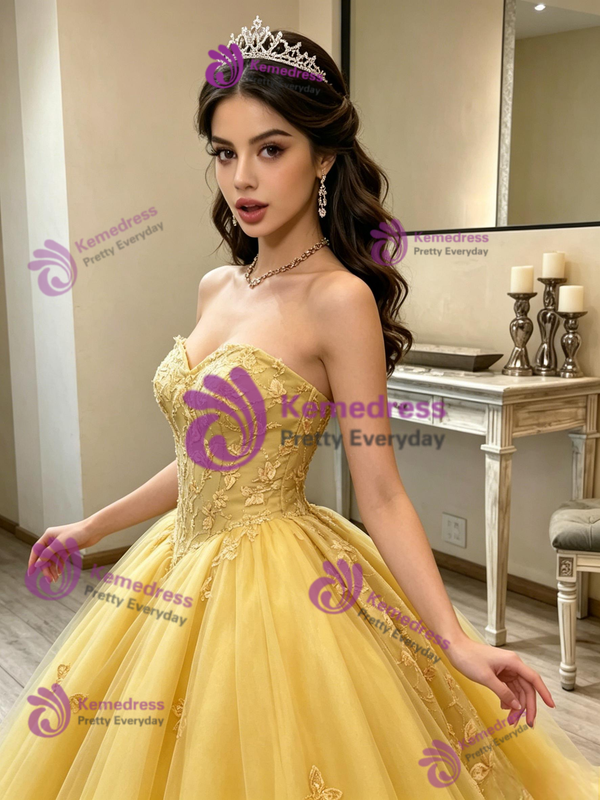 Yellow Tulle Strapless Butterfly Quinceanera Dress