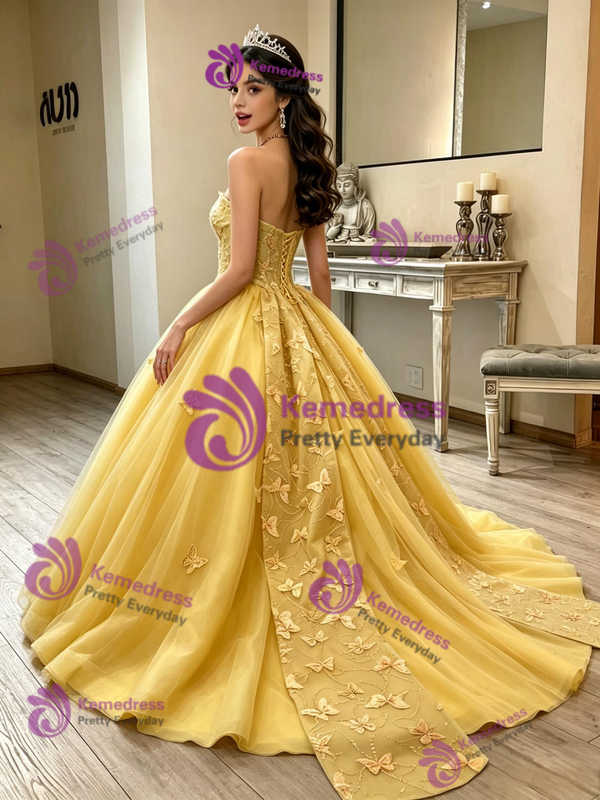 Yellow Tulle Strapless Butterfly Quinceanera Dress
