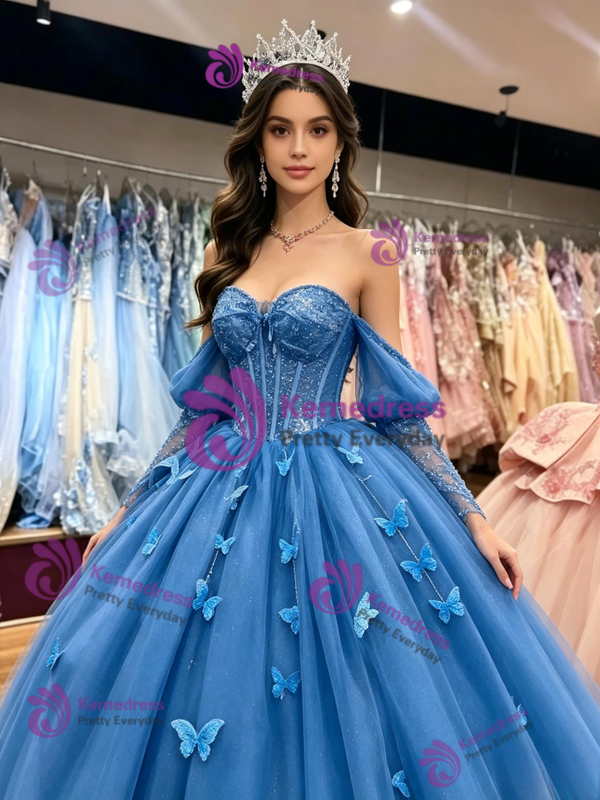 Blue Tulle Long Sleeve Butterfly Quinceanera Dress