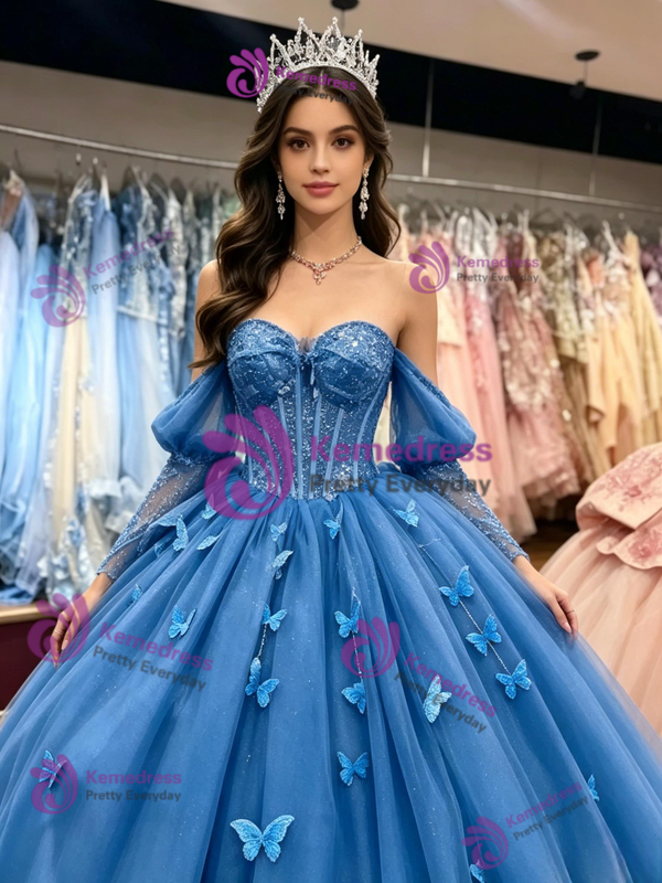 Blue Tulle Long Sleeve Butterfly Quinceanera Dress