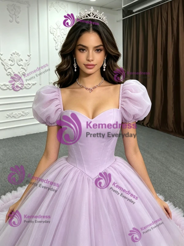 Purple Tulle Puff Sleeve Quinceanera Dress