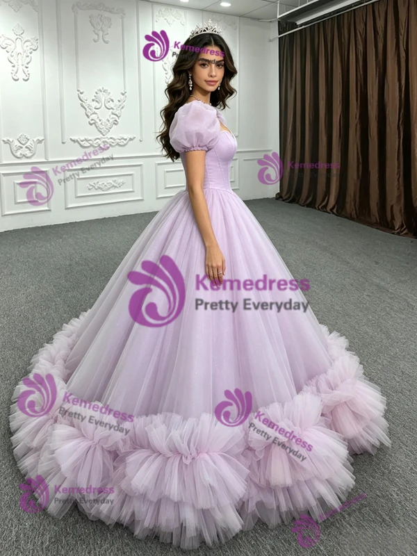 Purple Tulle Puff Sleeve Quinceanera Dress
