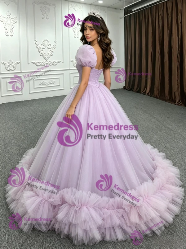 Purple Tulle Puff Sleeve Quinceanera Dress