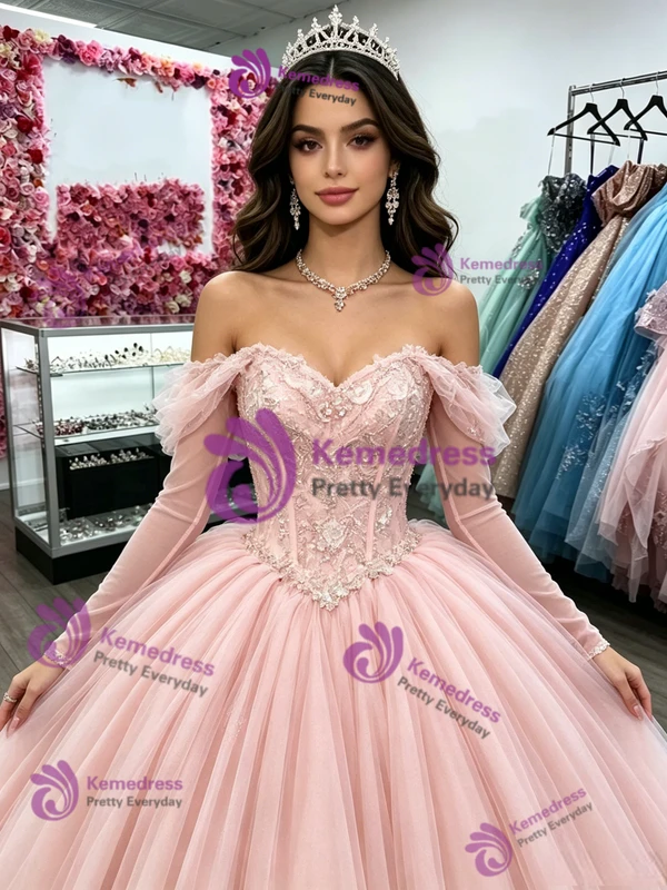 Pink Tulle Long Sleeve Appliques Quinceanera Dress
