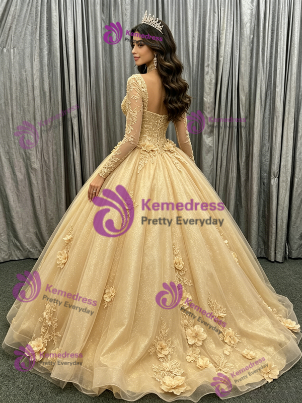 Gold Long Sleeve Appliques Flower Quinceanera Dress