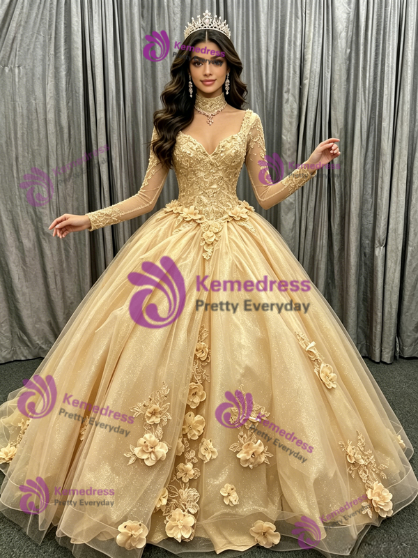 Gold Long Sleeve Appliques Flower Quinceanera Dress
