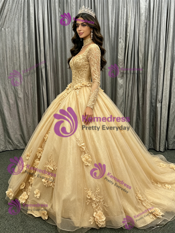Gold Long Sleeve Appliques Flower Quinceanera Dress