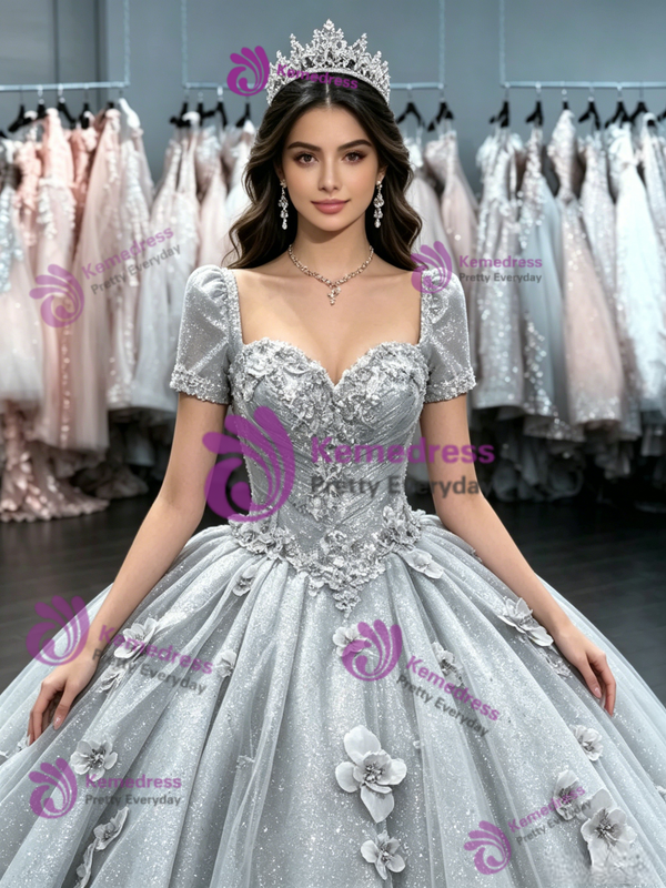 Silver Gray Tulle Short Sleeve Flower Quinceanera Dress