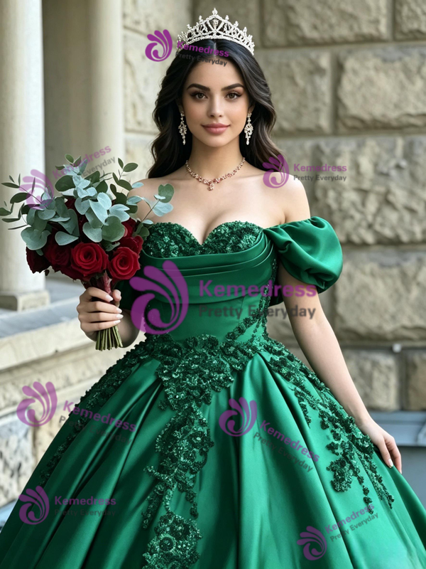 Green Satin Off the Shoulder Appliques Quinceanera Dress