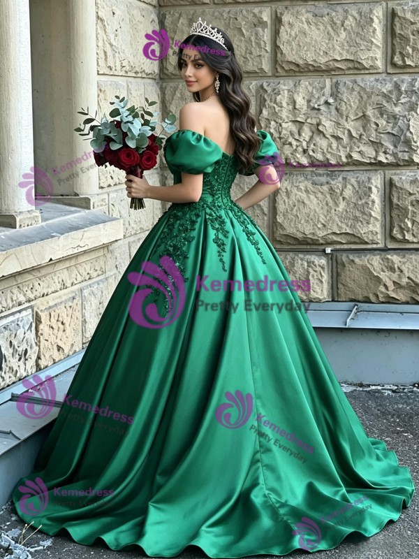 Green Satin Off the Shoulder Appliques Quinceanera Dress