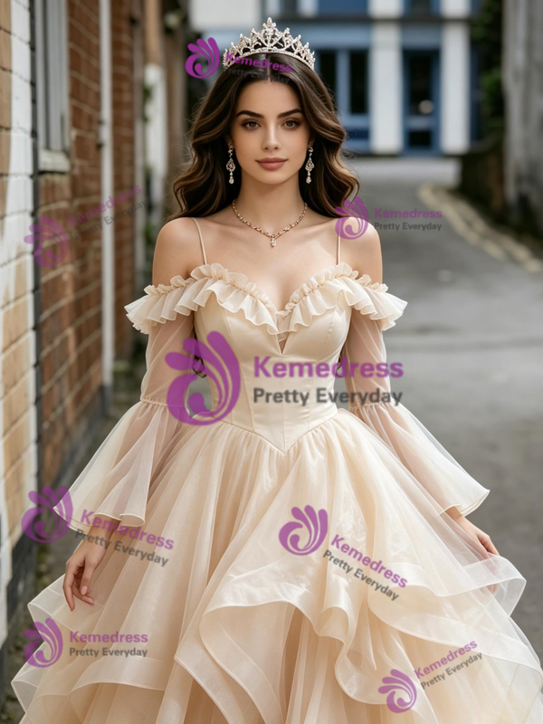 Champagne Tulle Long Sleeve Straps Quinceanera Dress
