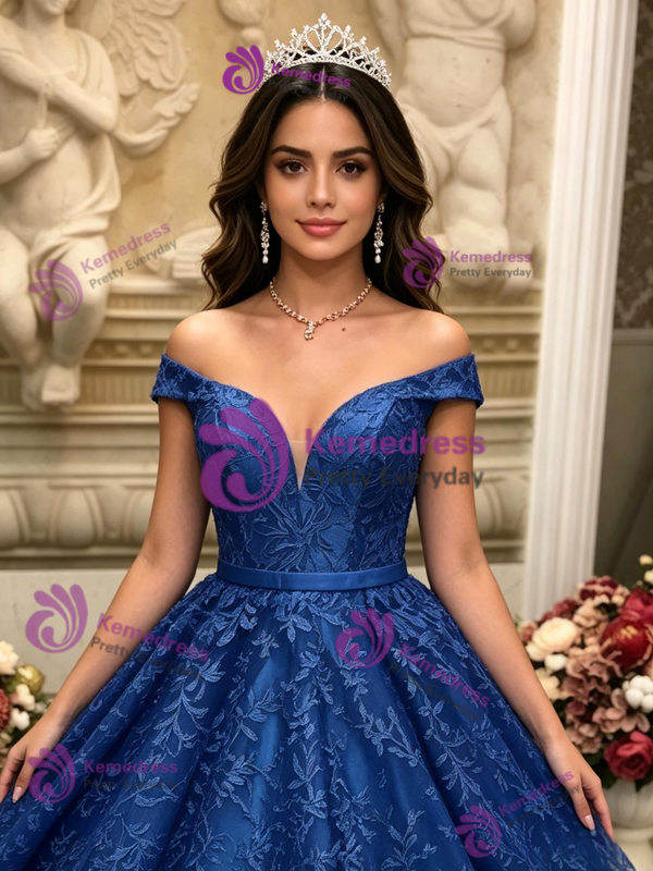 Blue Lace Off the Shoulder Quinceanera Dress