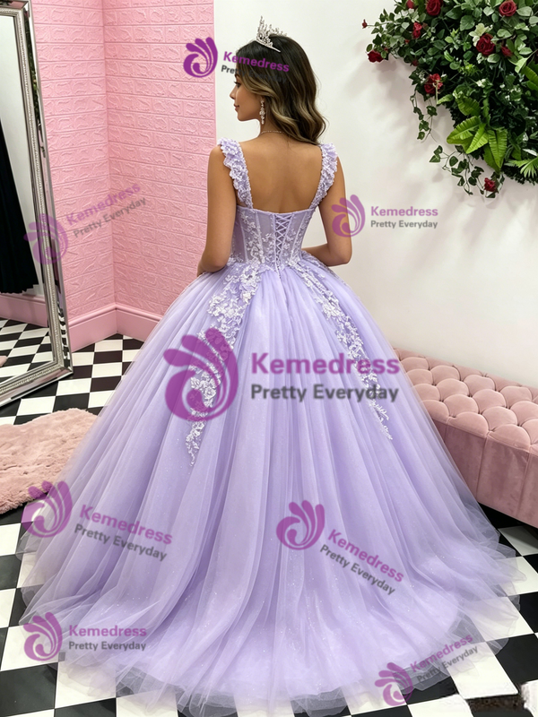 Purple Tulle Straps Appliques Quinceanera Dress