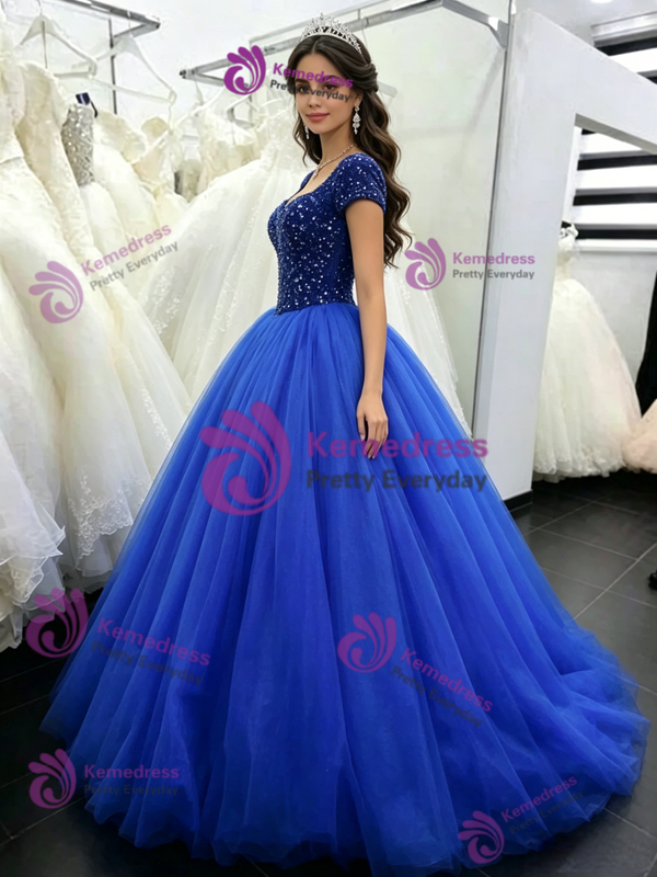 Royal Blue Tulle Short Sleeve Beading Quinceanera Dress