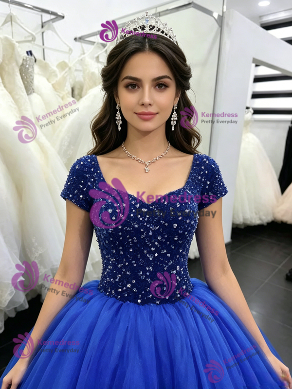 Royal Blue Tulle Short Sleeve Beading Quinceanera Dress