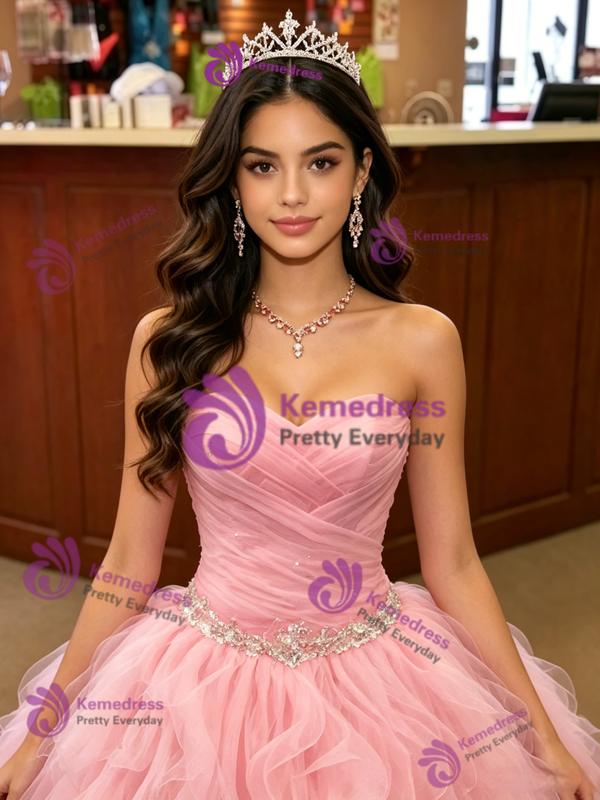 Pink Black Tulle Strapless Pleats Quinceanera Dress