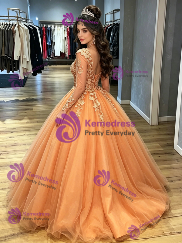 Orange Tulle Long Sleeve V-neck Appliques Quinceanera Dress