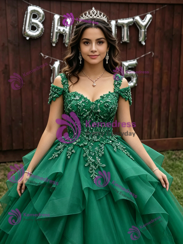 Green Tulle Appliques Beading Quinceanera Dress