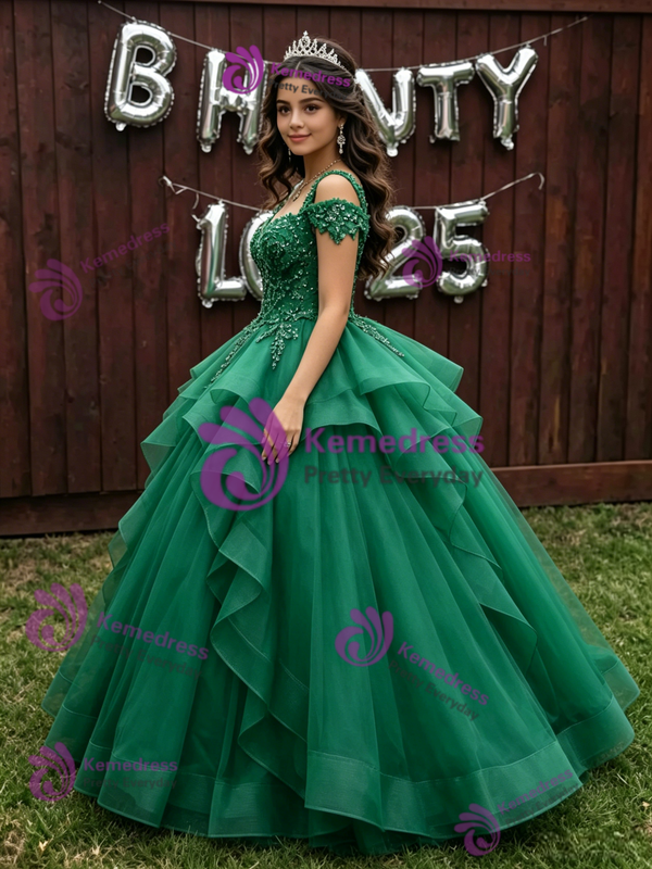 Green Tulle Appliques Beading Quinceanera Dress