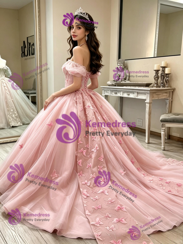 Pink Tulle Off the Shoulder Butterfly Quinceanera Dress