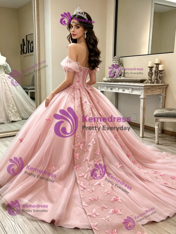 Pink Tulle Off the Shoulder Butterfly Quinceanera Dress