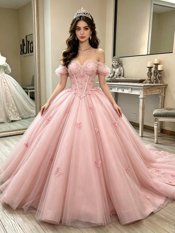 Pink Tulle Off the Shoulder Butterfly Quinceanera Dress